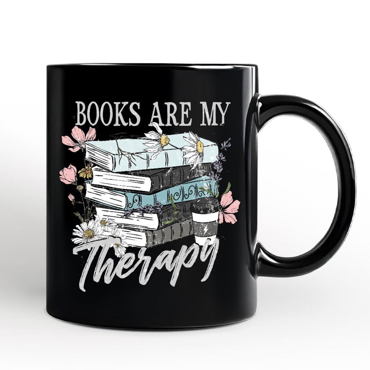 Books Are My Therapy Floral Vintage Mug, Reading Aesthetic Gift for Bookworms